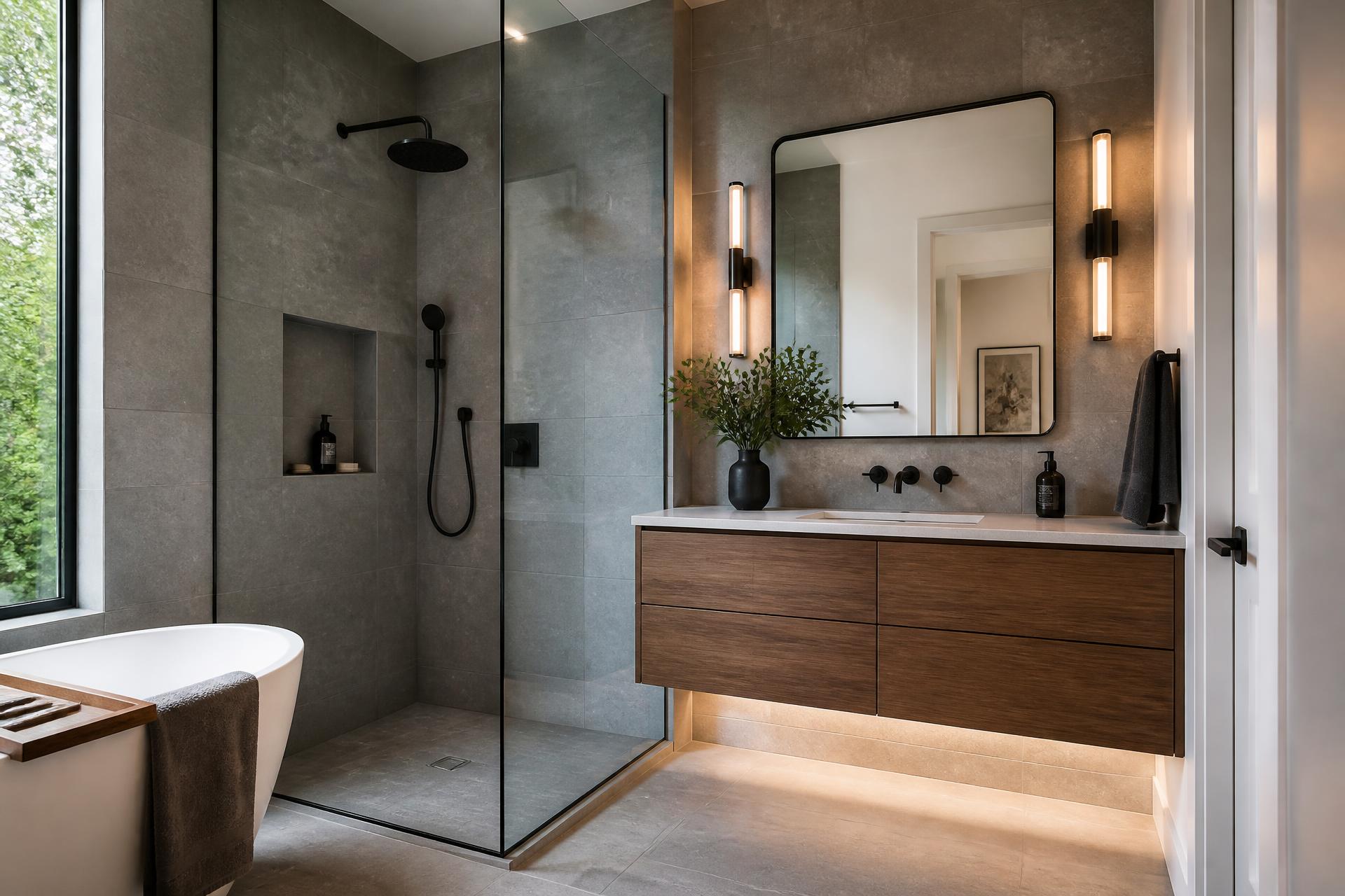 Modern bathroom remodel with porcelain tile walls and floating vanity